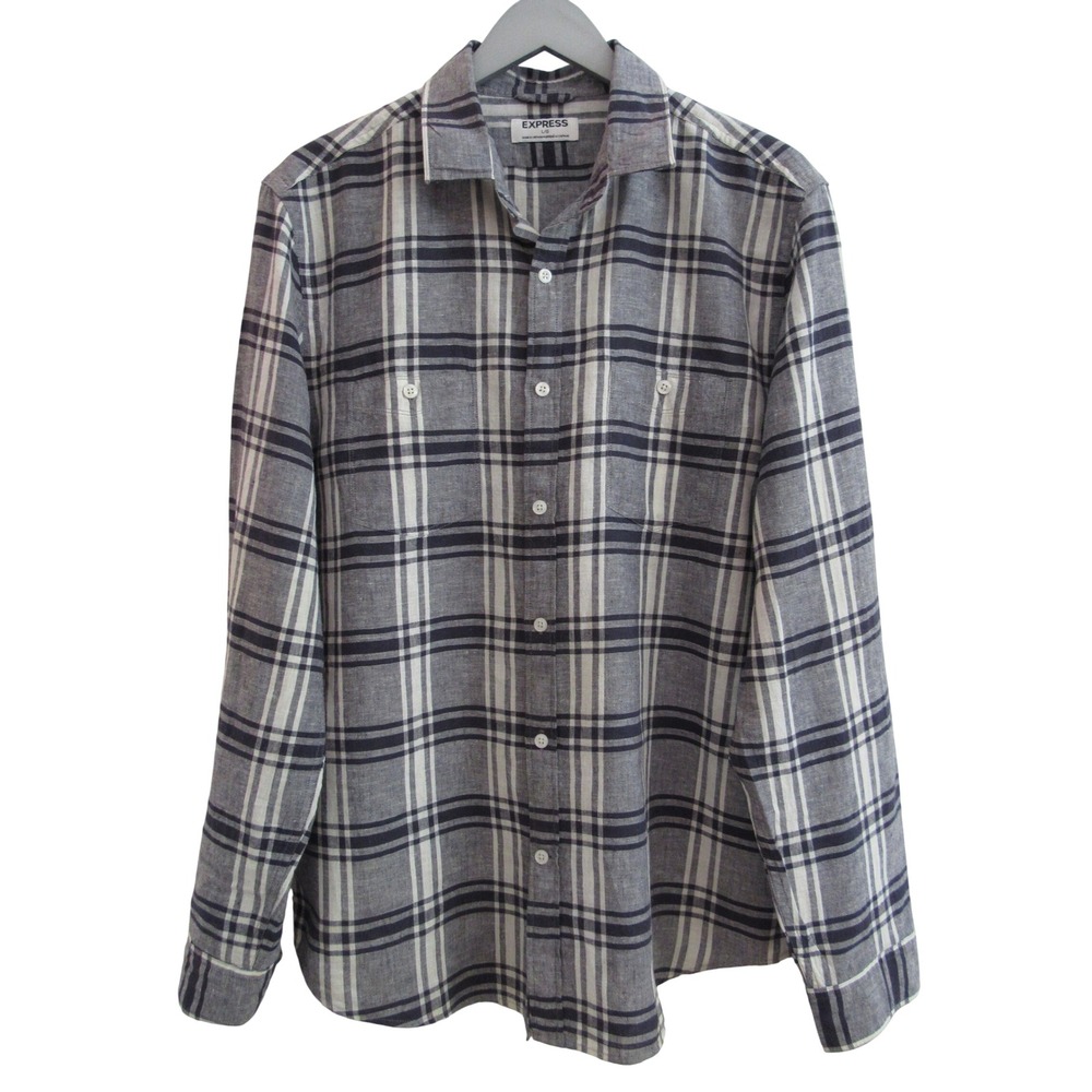 Express Men's Plaid Linen Blend Button Up Shirt Navy Blueโ & White Large